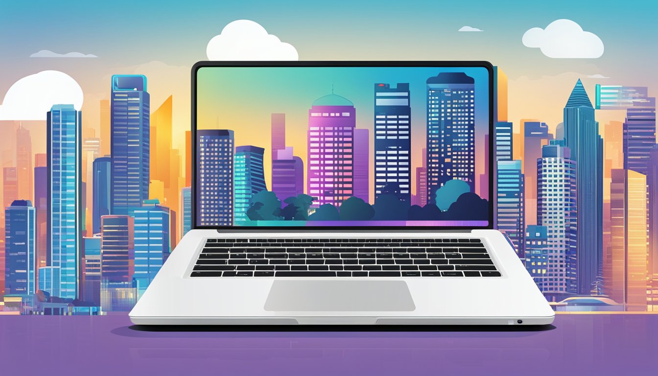 A laptop displaying "esaver promotion singapore" with a city skyline in the background. Bright colors and modern design