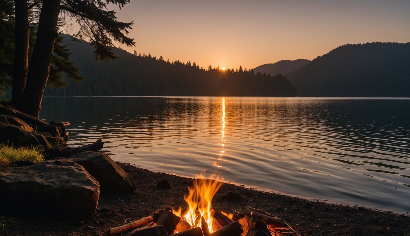 The sun sets over Lake Merwin, casting a warm glow on the surrounding trees and rocky shoreline. A small campfire crackles, as smoke rises into the evening sky