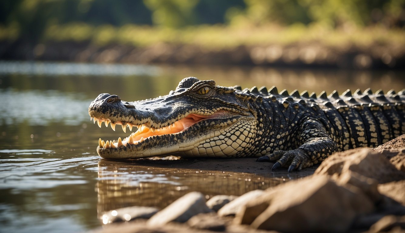 A crocodile and an alligator basking in the sun on a riverbank, with distinct features visible such as the crocodile's pointed snout and the alligator's rounded snout