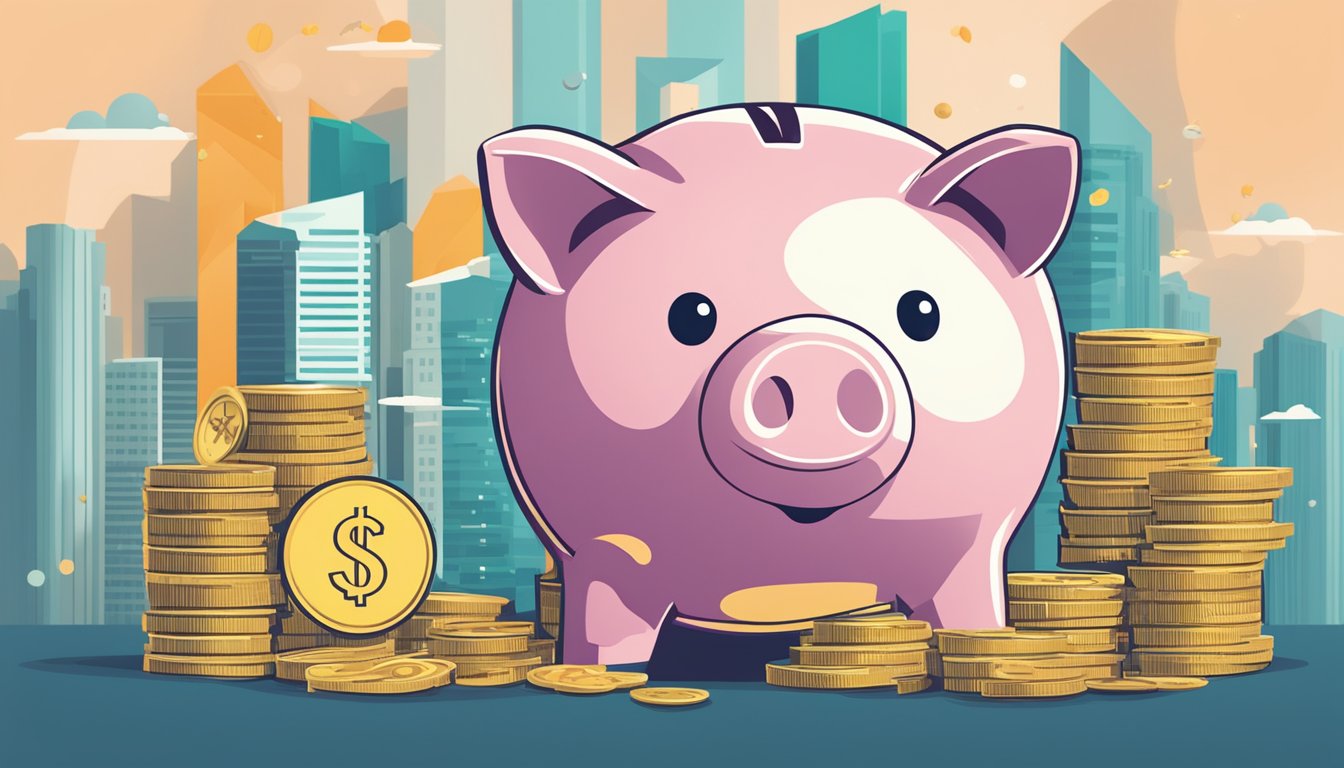 A piggy bank overflowing with coins and dollar bills, surrounded by financial charts and graphs, with a prominent sign reading "Maximising Your Savings esaver promotion rate singapore."