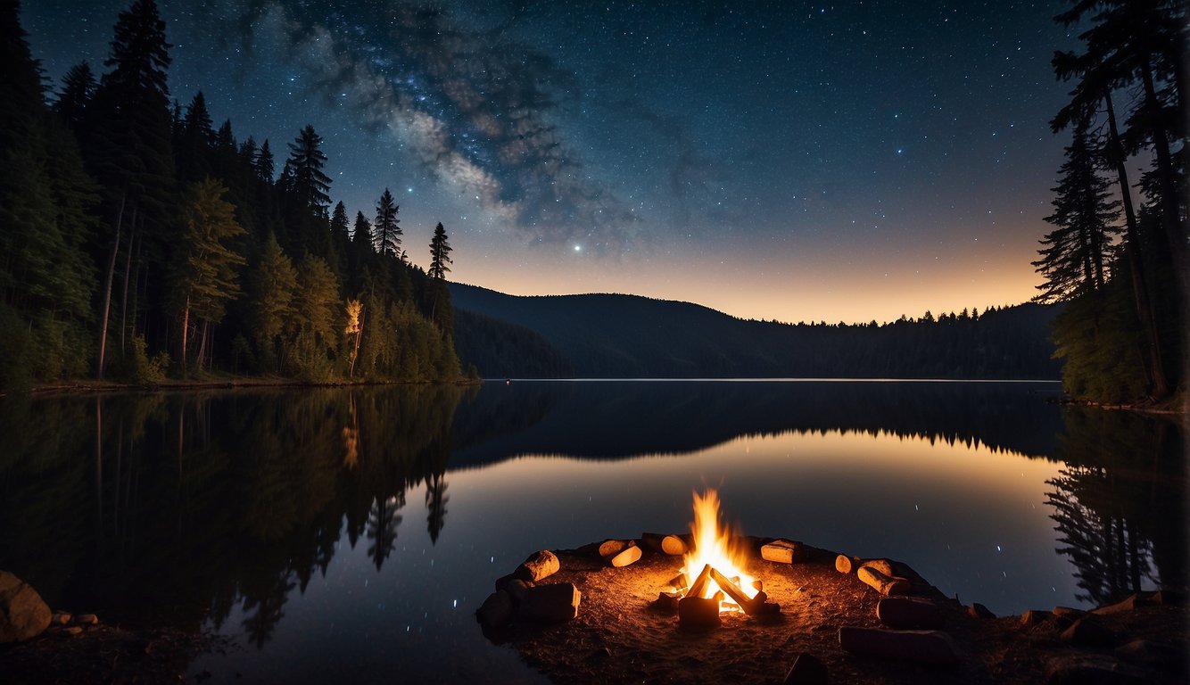 A group of tents surround a crackling campfire by the tranquil waters of Lake Merwin, under a starry night sky
