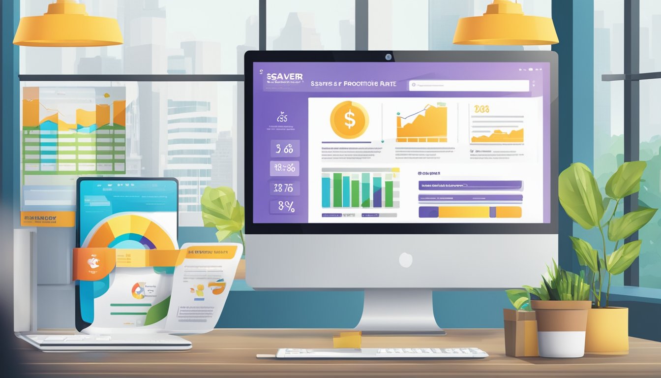 A computer screen displaying "Additional Benefits and Services esaver promotion rate singapore" with a promotional banner and relevant graphics