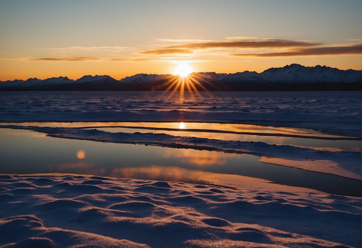 The sun sets over a vast Alaskan landscape, casting long shadows and painting the sky in hues of orange and purple