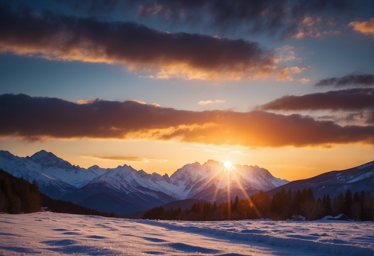 The sun sets behind snow-capped mountains, casting a soft golden glow over the icy landscape. The sky transitions from bright blue to a deep purple as the stars begin to appear