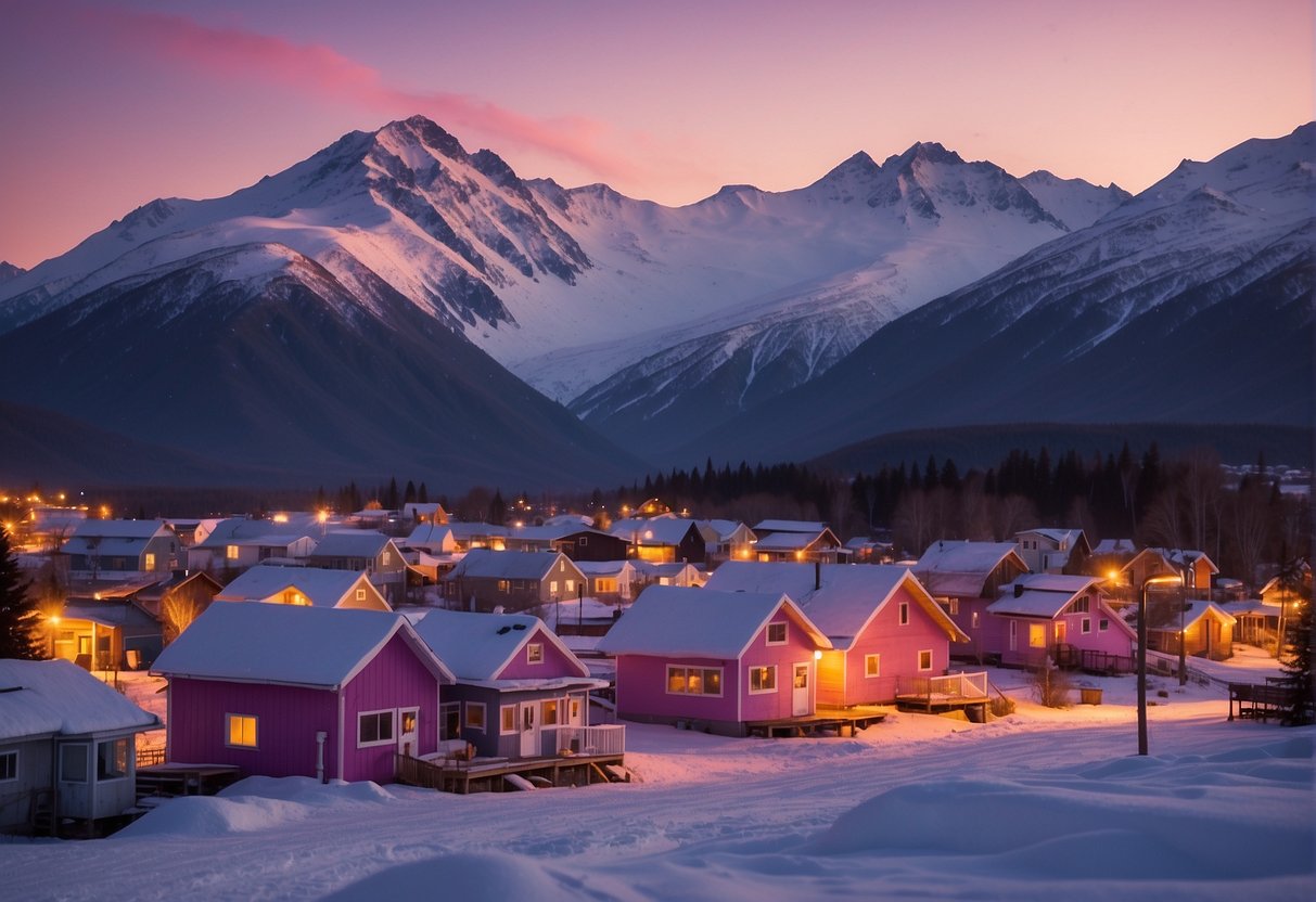 The scene shows a remote Alaskan village at sunset, with snow-covered houses and mountains in the background. The sky is a mix of pink, purple, and orange hues, creating a beautiful and tranquil atmosphere