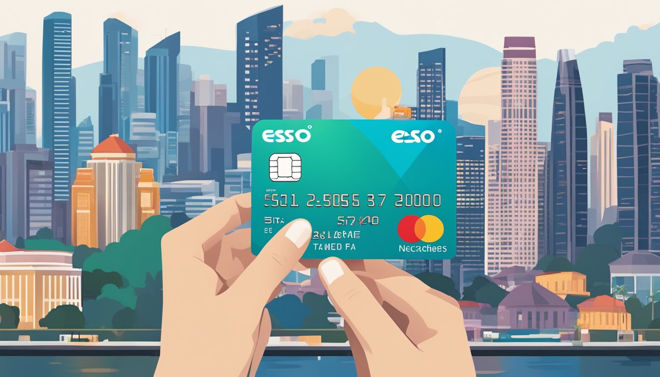 A hand holding an Esso credit card in front of a Singapore cityscape