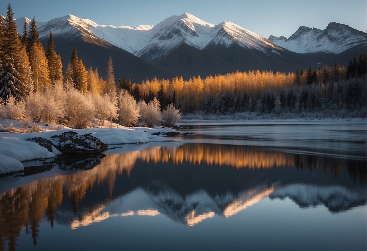 The Alaskan landscape at dusk, with the last rays of sunlight casting a golden glow over the snow-covered mountains and reflecting off the icy waters of a tranquil lake