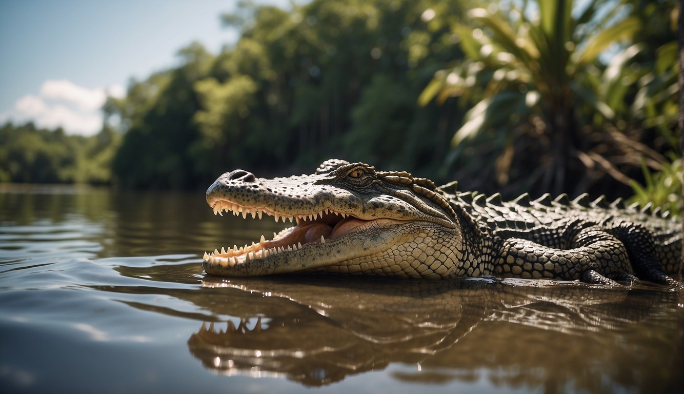 A crocodile and an alligator bask in the sun on a riverbank, surrounded by lush vegetation.

Their distinct features and behaviors showcase their evolutionary differences