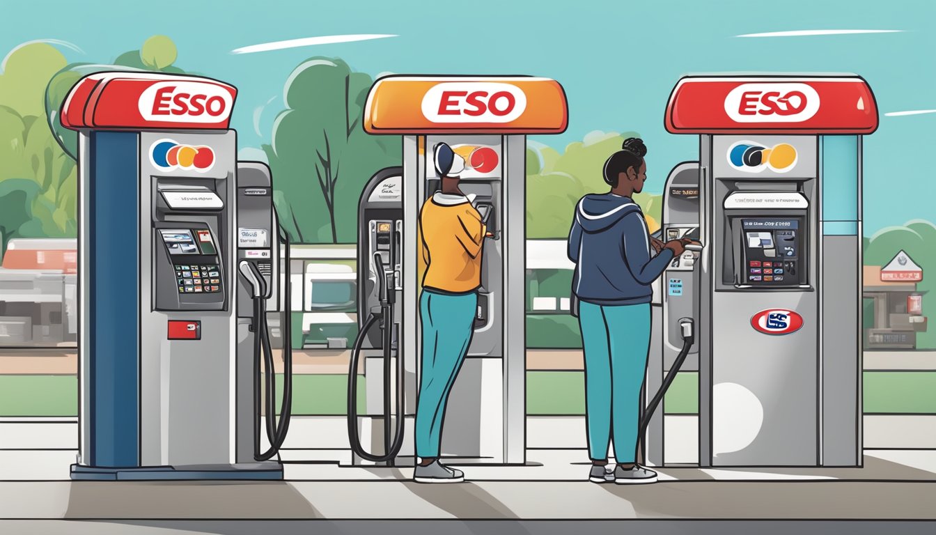 A customer swipes an Esso credit card at the gas pump, smiling as they enjoy cash rebates and convenience