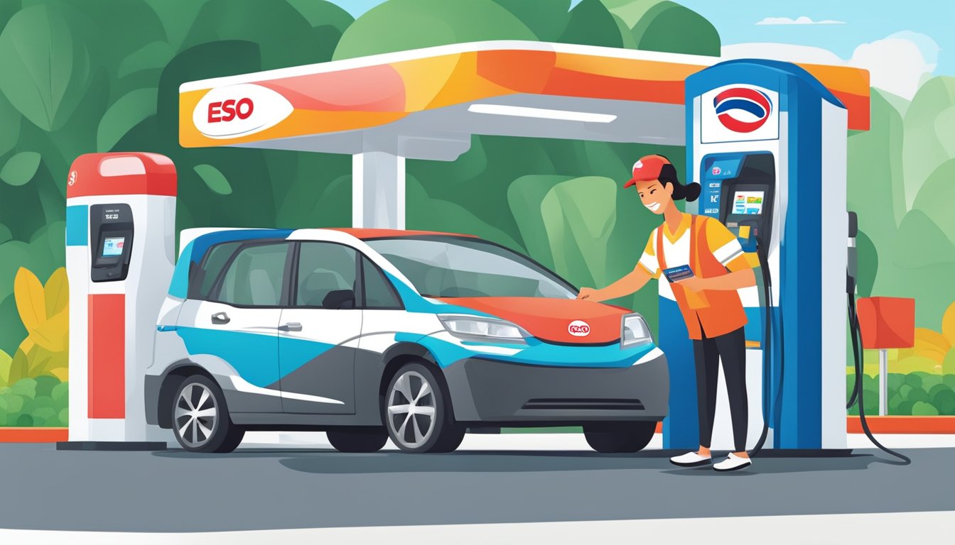 A driver swipes an Esso credit card at the pump, earning points for the Smiles Driver Rewards Programme in Singapore