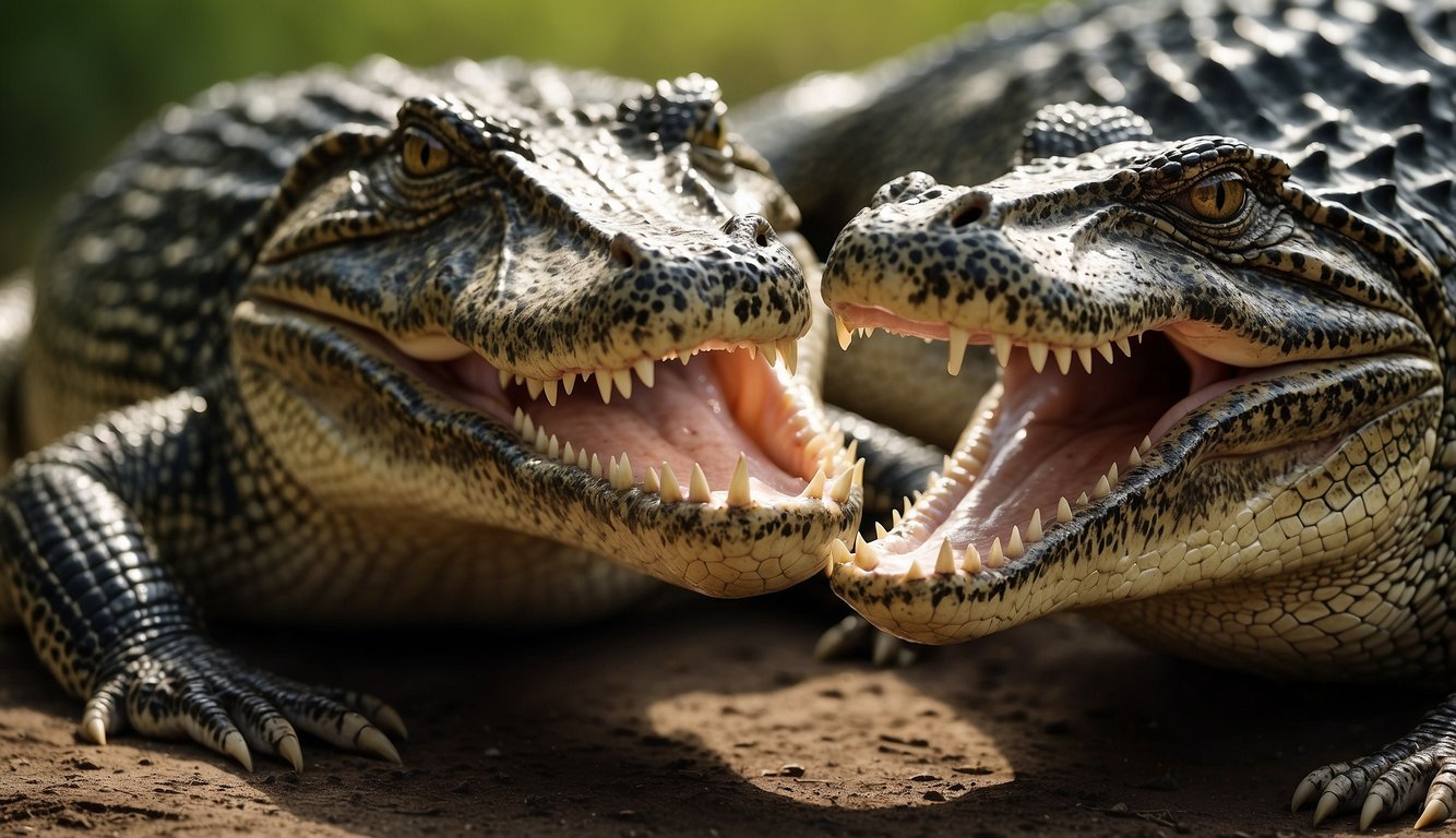 A crocodile and alligator face off, showcasing their physical differences in size, shape, and jaw structure