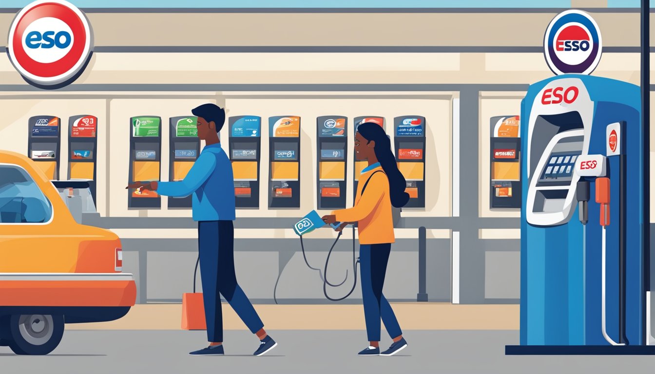 A person swiping an Esso credit card at a gas station while a bank logo is prominently displayed, showcasing the partnership for savings
