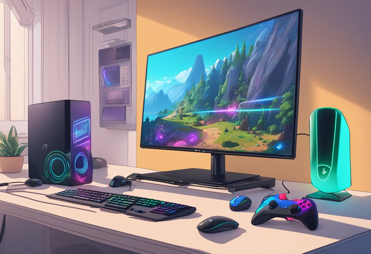 A computer monitor displaying "System Requirements and Hardware Compatibility" with a Windows 11 logo, surrounded by gaming peripherals