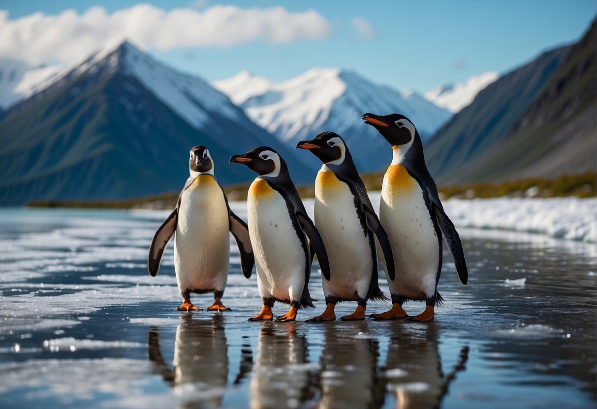 A group of penguins waddling along the icy shores of Alaska, surrounded by snow-capped mountains and crystal-clear waters