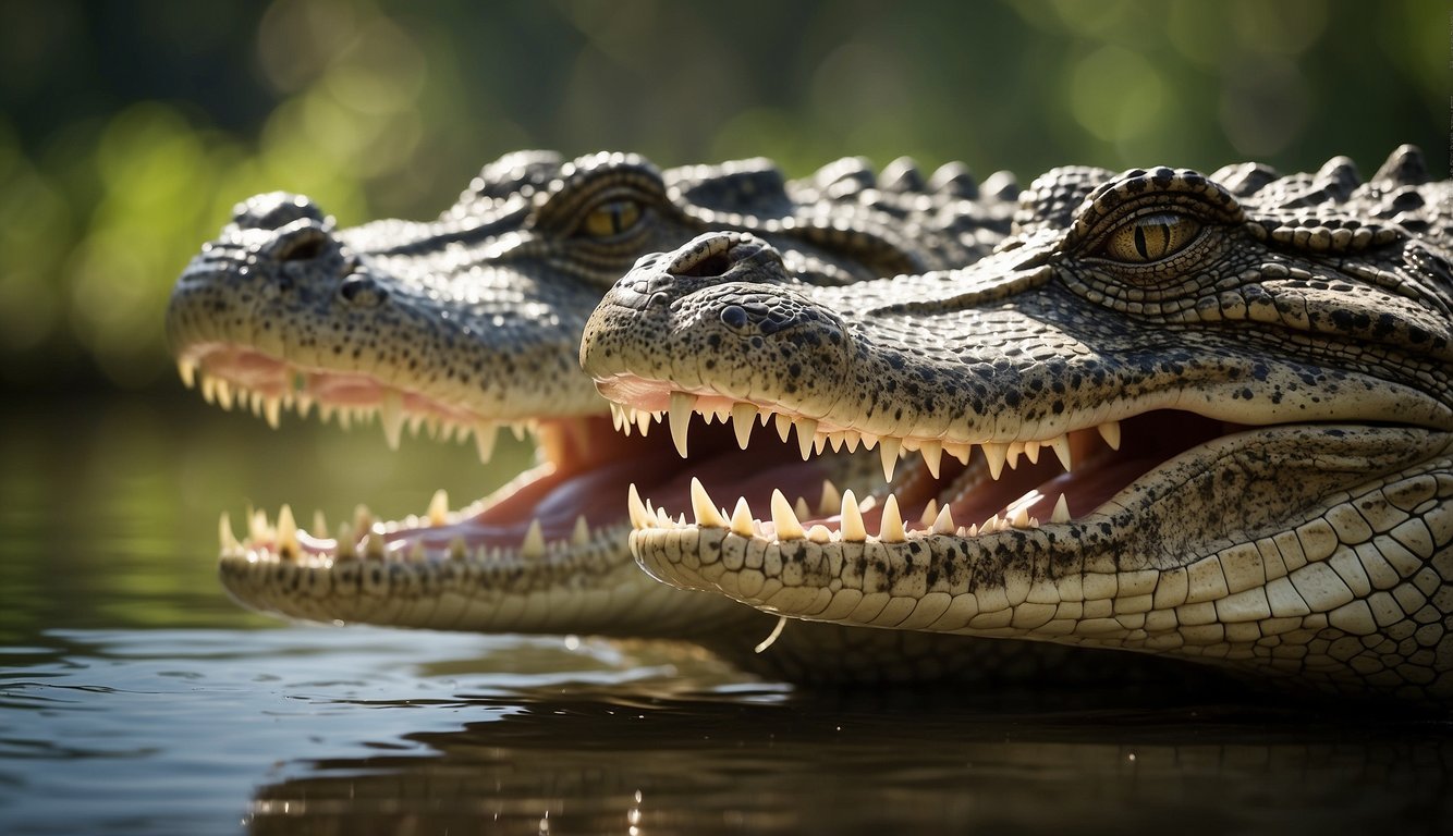 A crocodile and alligator face each other, showcasing their distinct features.

The crocodile has a longer, V-shaped snout, while the alligator sports a wider, U-shaped snout. Their scales and size differences are also evident
