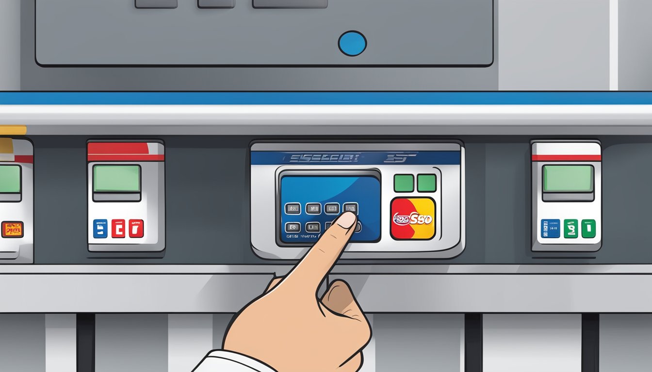 A hand swiping an Esso credit card at a fuel pump, with a digital display showing convenient payment features