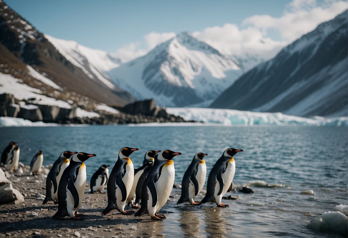 Penguins waddle on icy shores, surrounded by snow-capped mountains. Some dive into the frigid waters, while others huddle together on the rocky beach