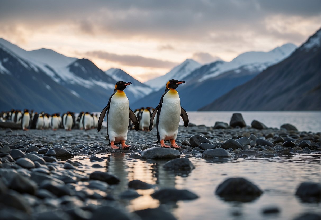 Penguins waddle on the rocky shore of Alaska, surrounded by icy waters and snow-capped mountains. Clarification signs are posted nearby