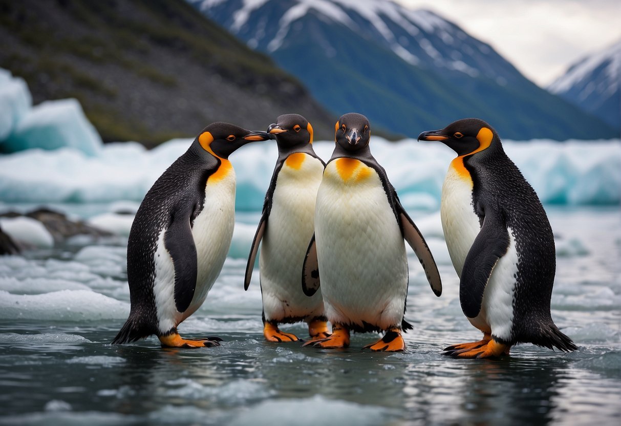 A group of penguins standing on the icy shores of Alaska, with snow-capped mountains in the background
