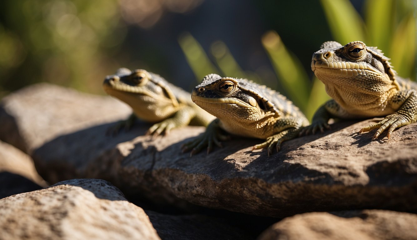 Reptiles bask on a sunlit rock, absorbing warmth.

They seek shade or water to cool down