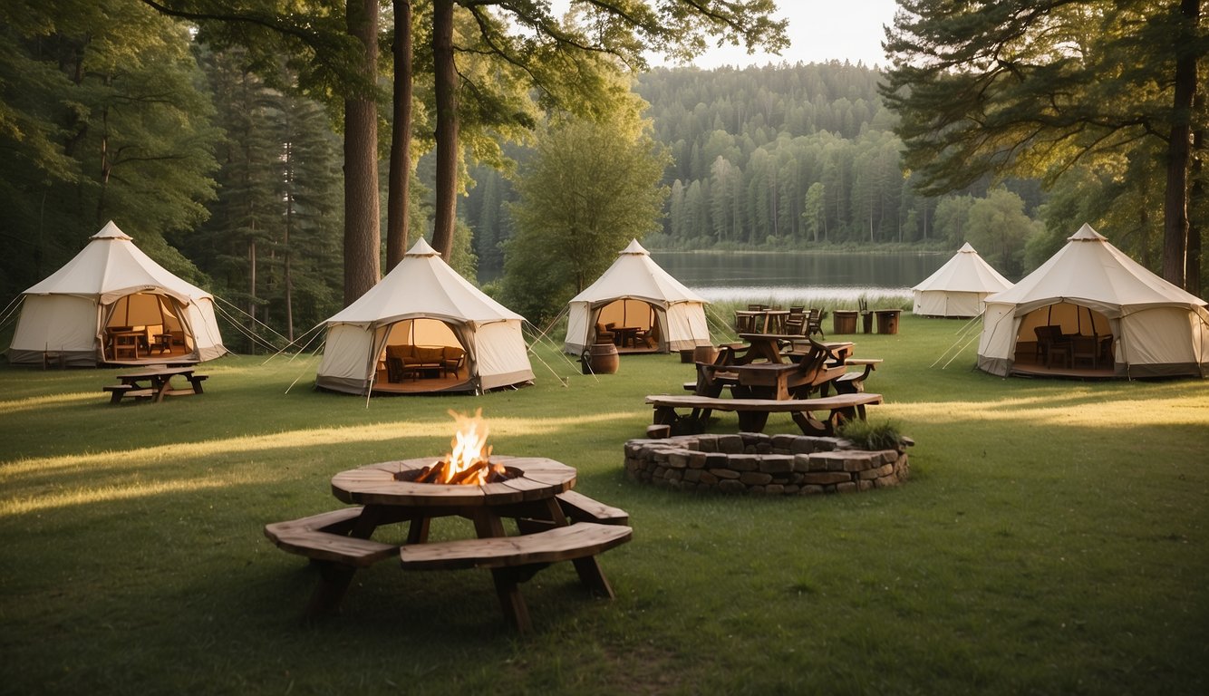 Tents pitched near calm lake, surrounded by lush greenery and towering trees. Fire pit and picnic tables set up for outdoor dining