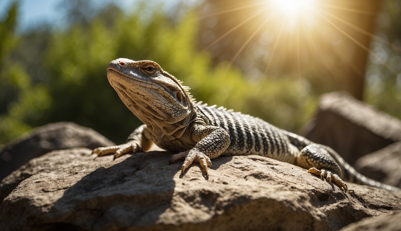 A reptile basking on a rock under the sun, with its body stretched out to absorb heat.

Nearby, a shaded area for cooling off