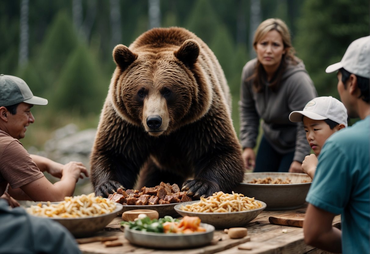 Alaskans avoid bear meat, shown in a scene with a bear and a group of Alaskans refusing to eat it