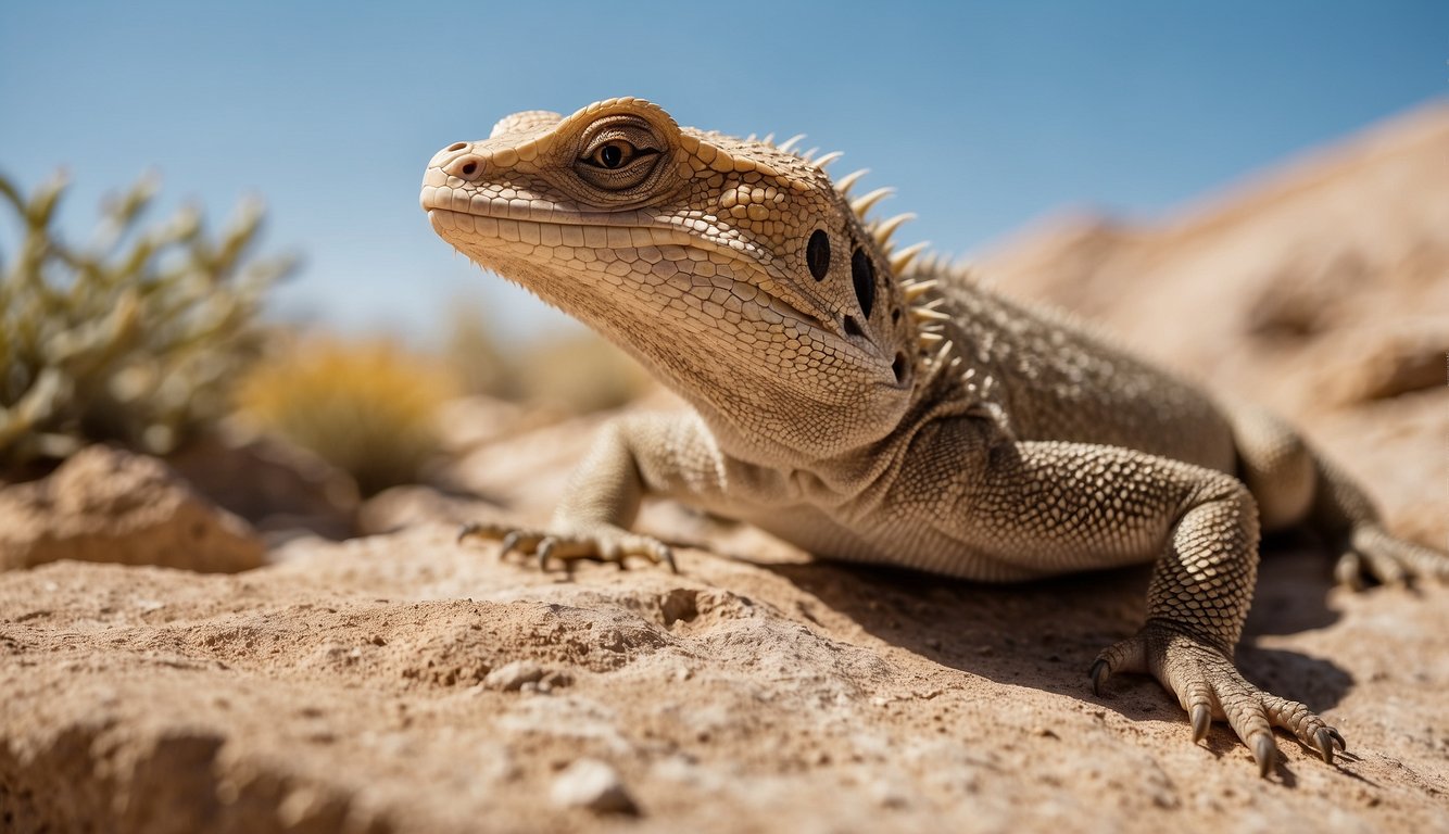 A desert lizard basks on a rock under the hot sun, using its surroundings to regulate body temperature