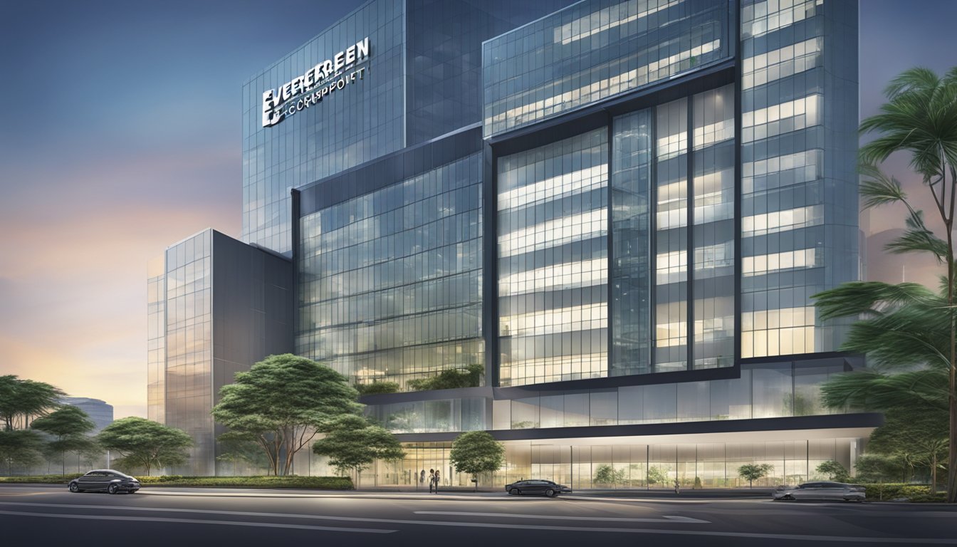 A modern office building with sleek architecture and a prominent sign reading "Business Solutions and Corporate Services" at Evergreen Centrepoint, Singapore