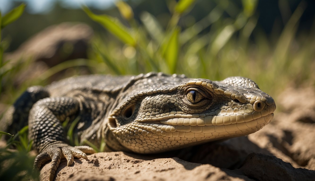 A reptile basks under the warm sun, its body absorbing heat to regulate its temperature.

Nearby, it seeks shade to cool down, demonstrating thermoregulation