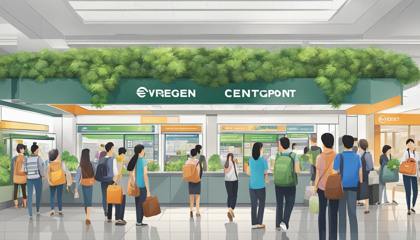 The bustling Evergreen Centrepoint in Singapore, with people seeking information and assistance at the Frequently Asked Questions counter