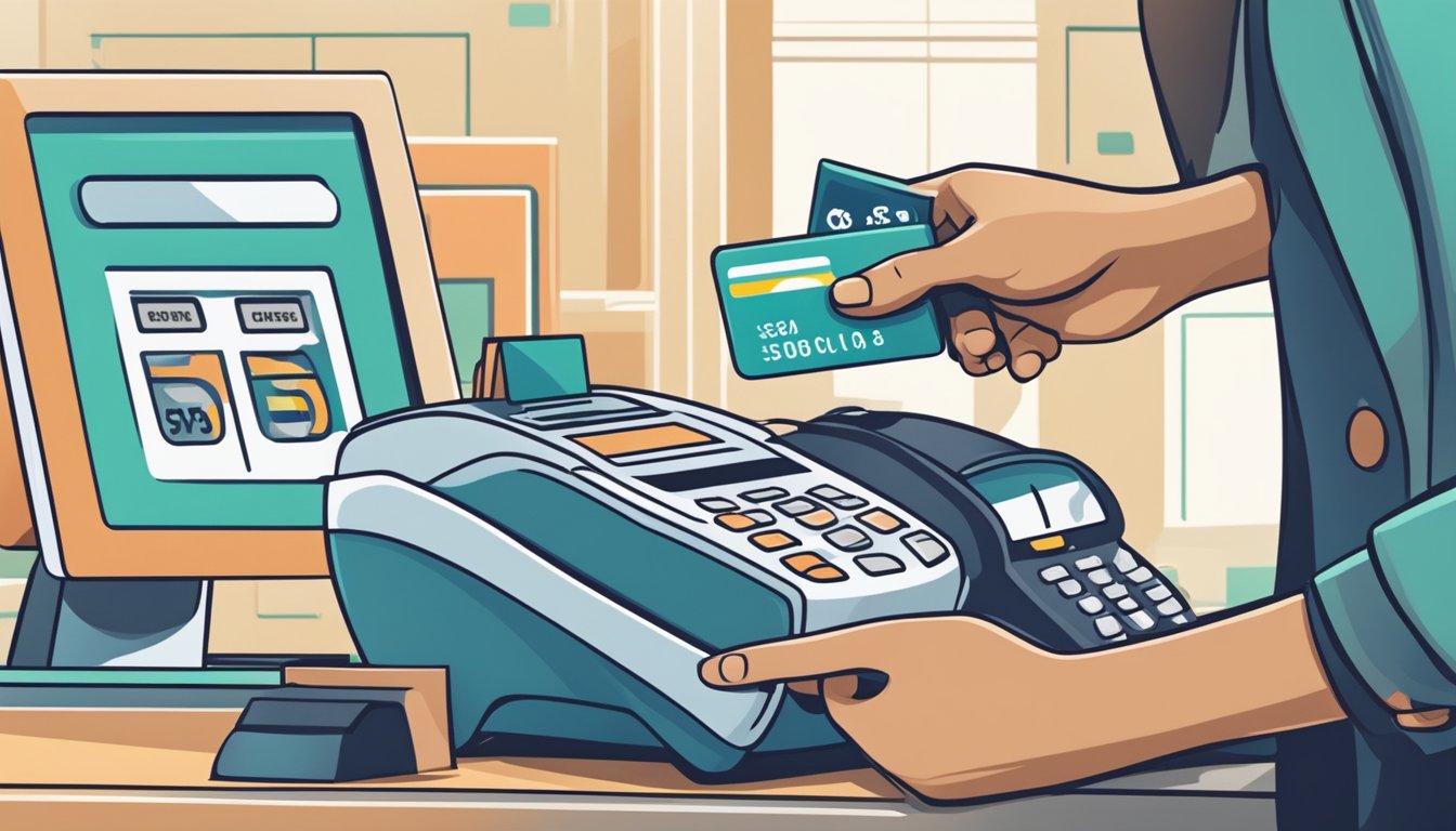 A person swiping a credit card at a cashier, with a cashback offer displayed on a digital screen
