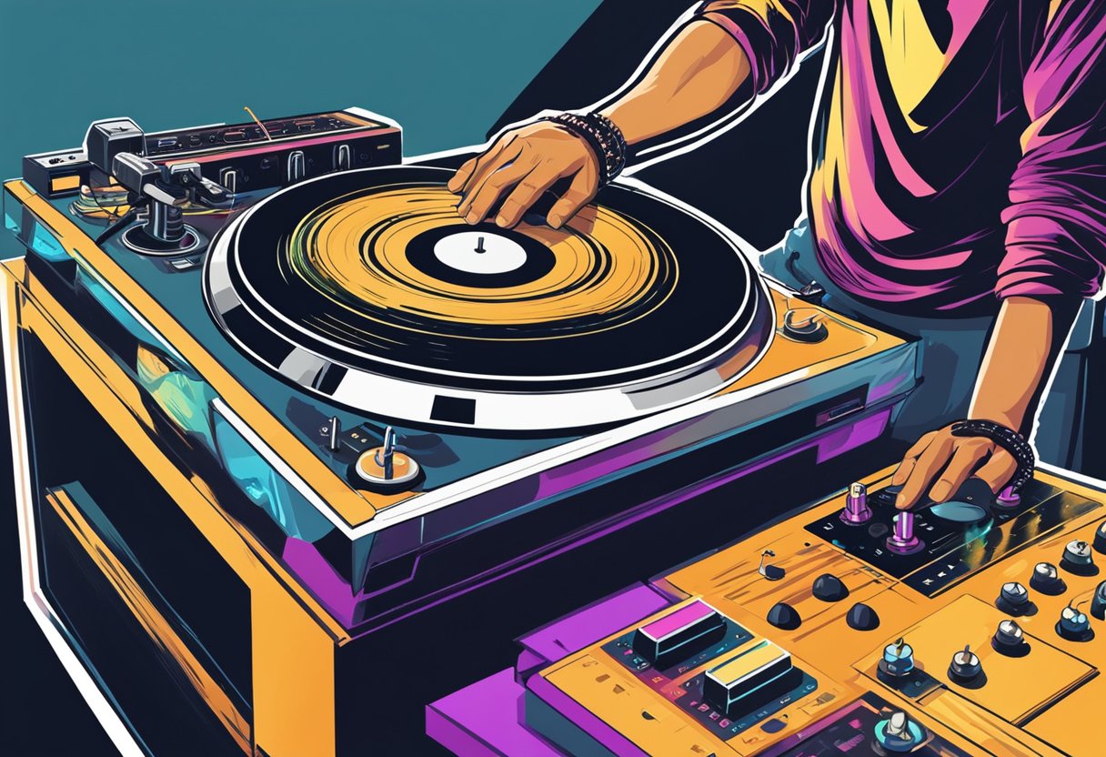 A DJ spins vinyl records on a turntable, creating rhythmic hip hop beats. The sound waves emanate from the speakers, filling the room with pulsating energy