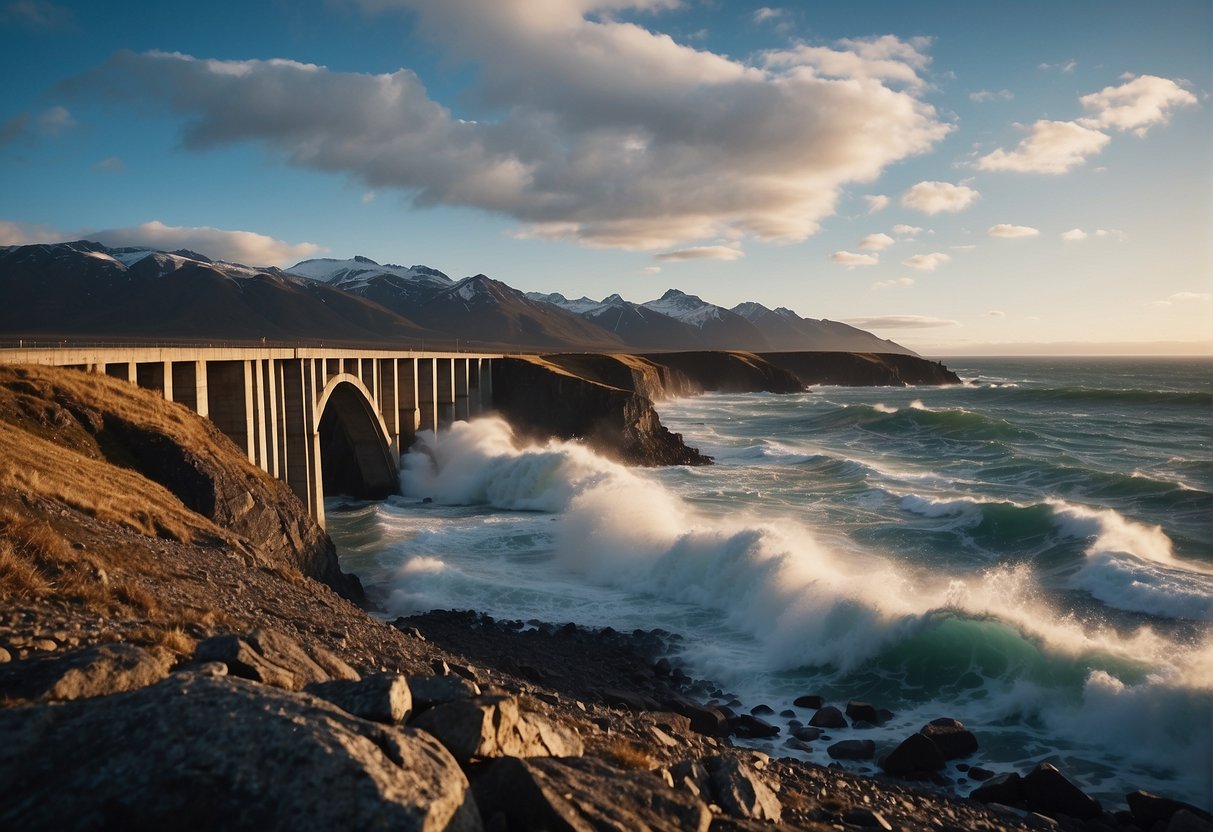 A rugged land bridge connects Alaska and Russia, with waves crashing against the rocky shores on either side