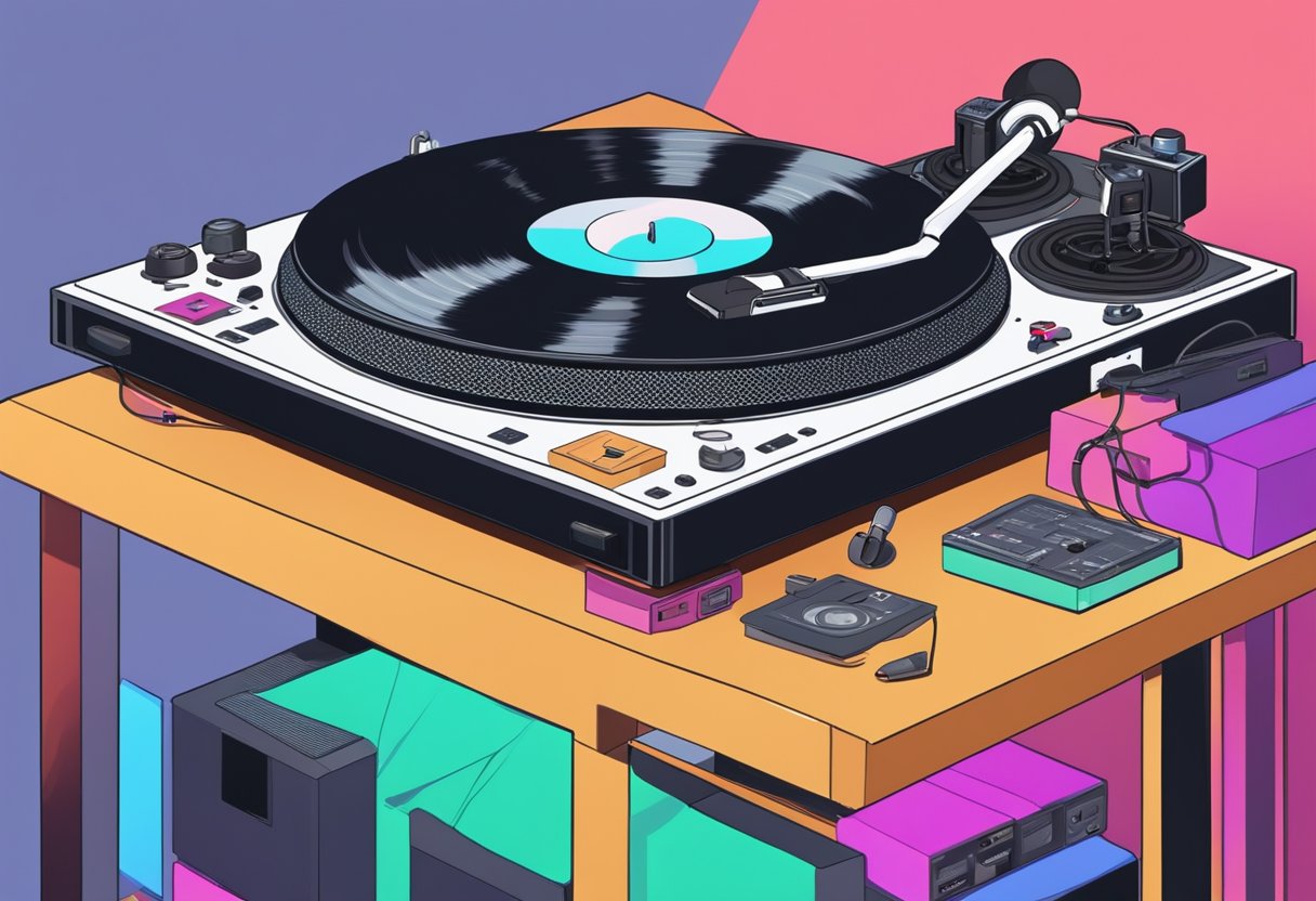 A turntable spins as a DJ adjusts knobs on a soundboard. Headphones rest on the table, surrounded by vinyl records and a microphone