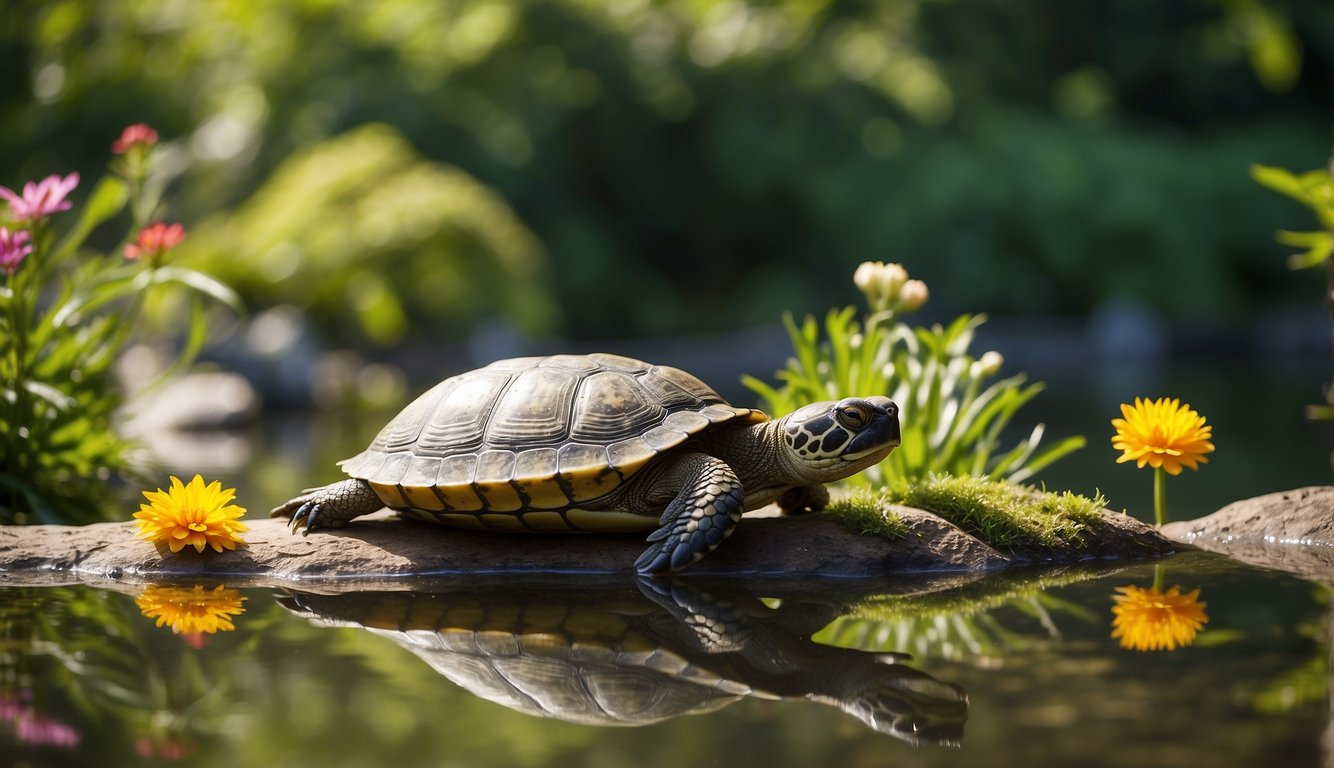 A serene pond with a wise old turtle basking on a sunlit rock, surrounded by lush greenery and colorful flowers
