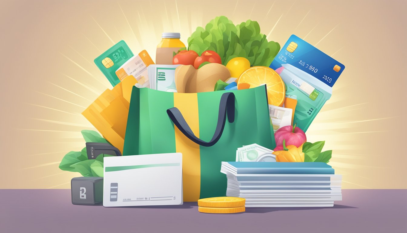 A stack of daily essentials, groceries, and bills with a cashback card hovering above, radiating rays of rewards
