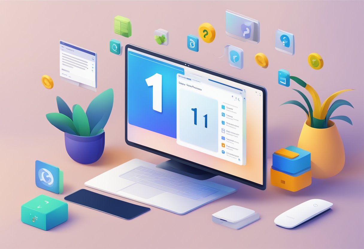 A computer screen displaying the Windows 11 Overview with a bug icon and a question mark, symbolizing the buggy nature of the operating system