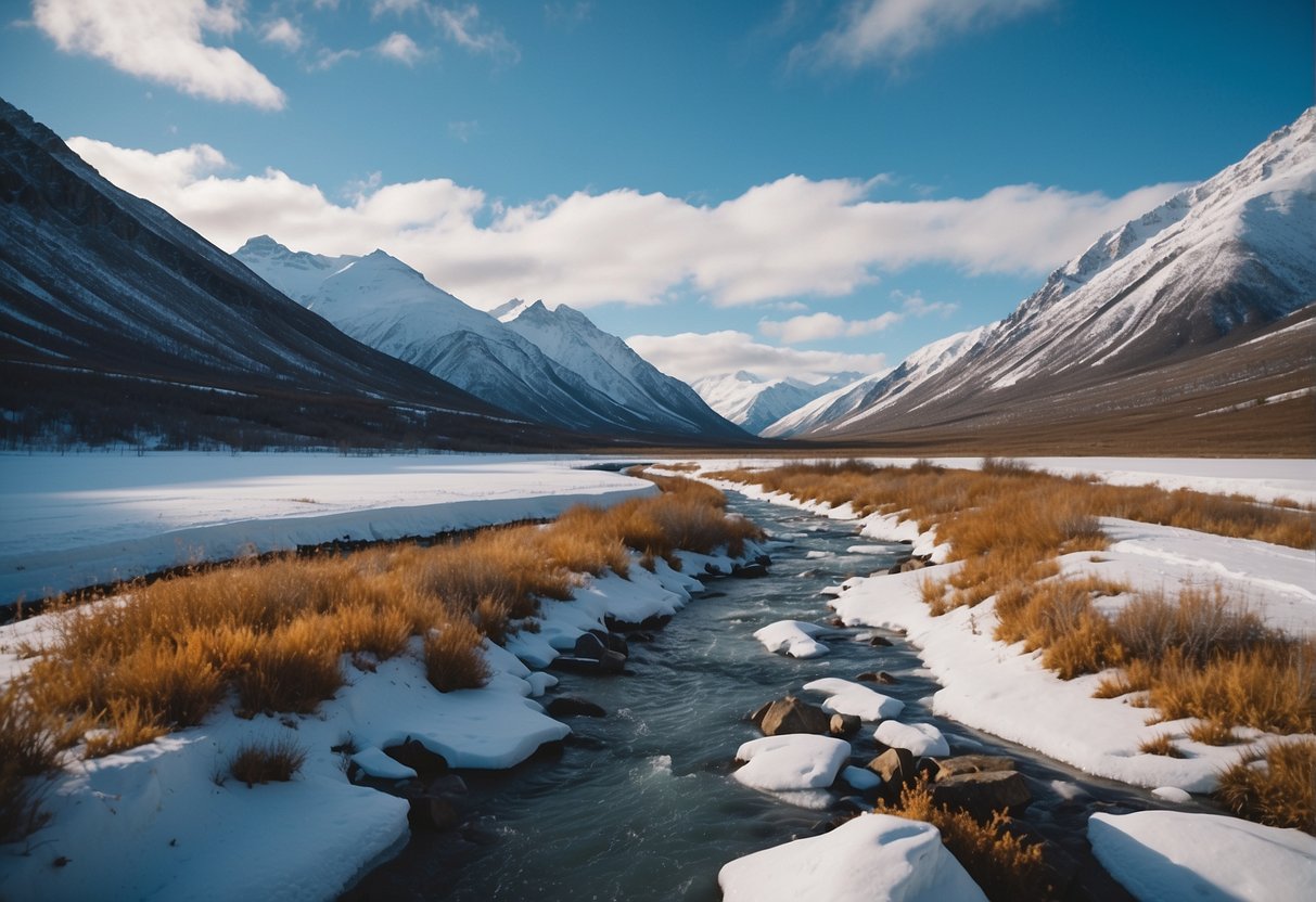 A rugged, snow-covered landscape with a frozen river separating Alaska and Russia, with harsh winds and extreme temperatures making travel on foot nearly impossible