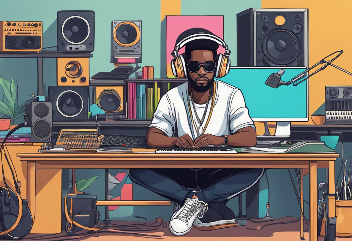 An artist at a desk, surrounded by musical instruments and a computer, creating unique hip hop beats with headphones on