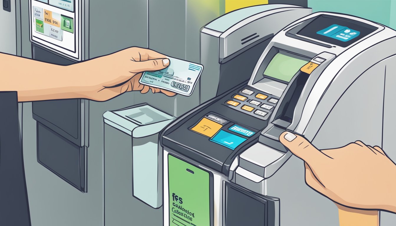 A hand swiping a card at a cashback machine in Singapore, with a sign displaying "Minimising Fees and Meeting Requirements" nearby