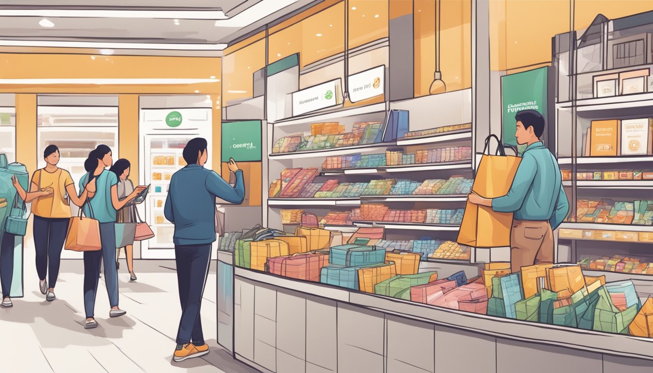 A shopper swipes their Partner Merchants everyday card at various stores, earning cashback in Singapore