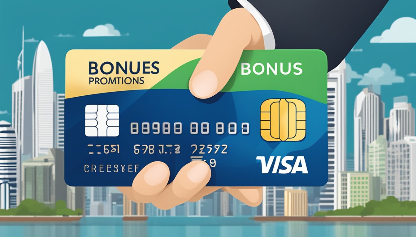 A hand holding a credit card with "Bonuses and Promotions" written on it, surrounded by cashback symbols and the skyline of Singapore in the background