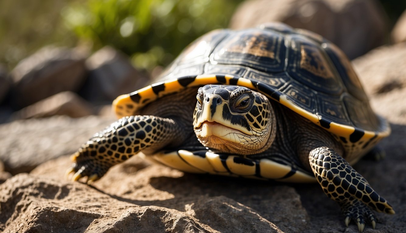 A turtle basks on a sun-warmed rock, its shell gleaming in the sunlight.

It stretches out its legs and neck, showcasing its unique physiology