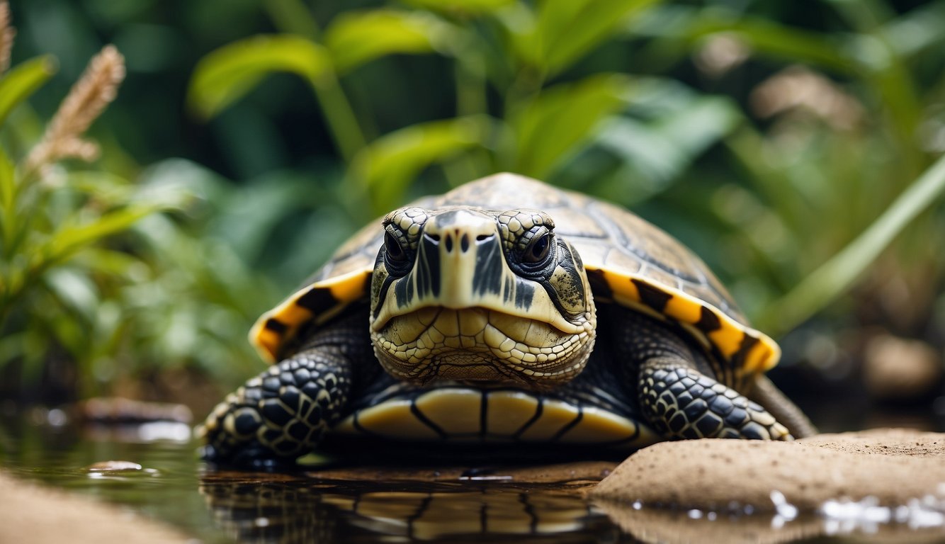 A turtle surrounded by various elements of nature, such as a pond, rocks, and vegetation, with a curious expression on its face