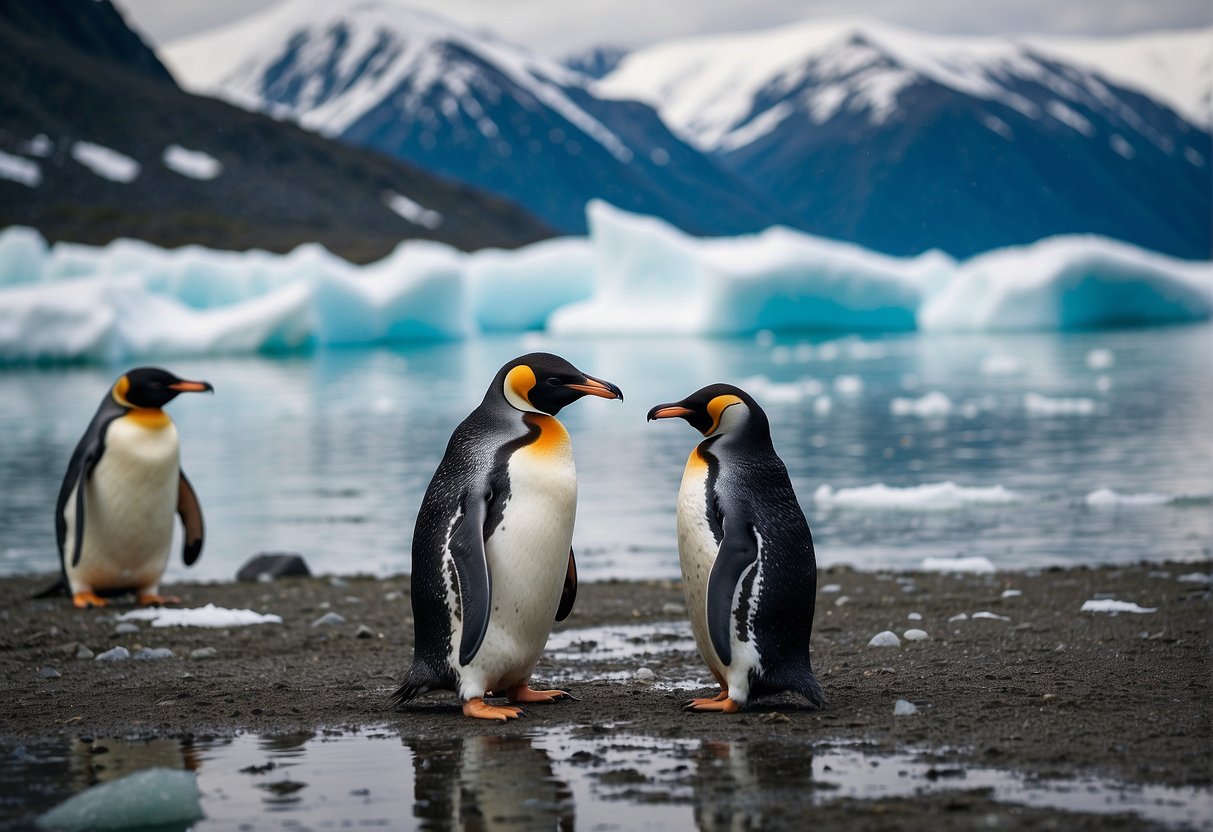 Penguins waddle on icy shores of Alaska, surrounded by snow-capped mountains and crystal blue waters