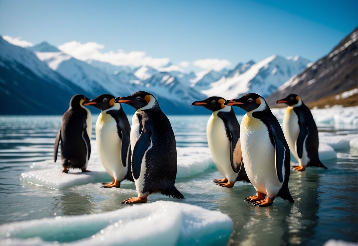 Penguins waddle on icy shores, surrounded by snow-capped mountains and crystal-clear waters in Alaska