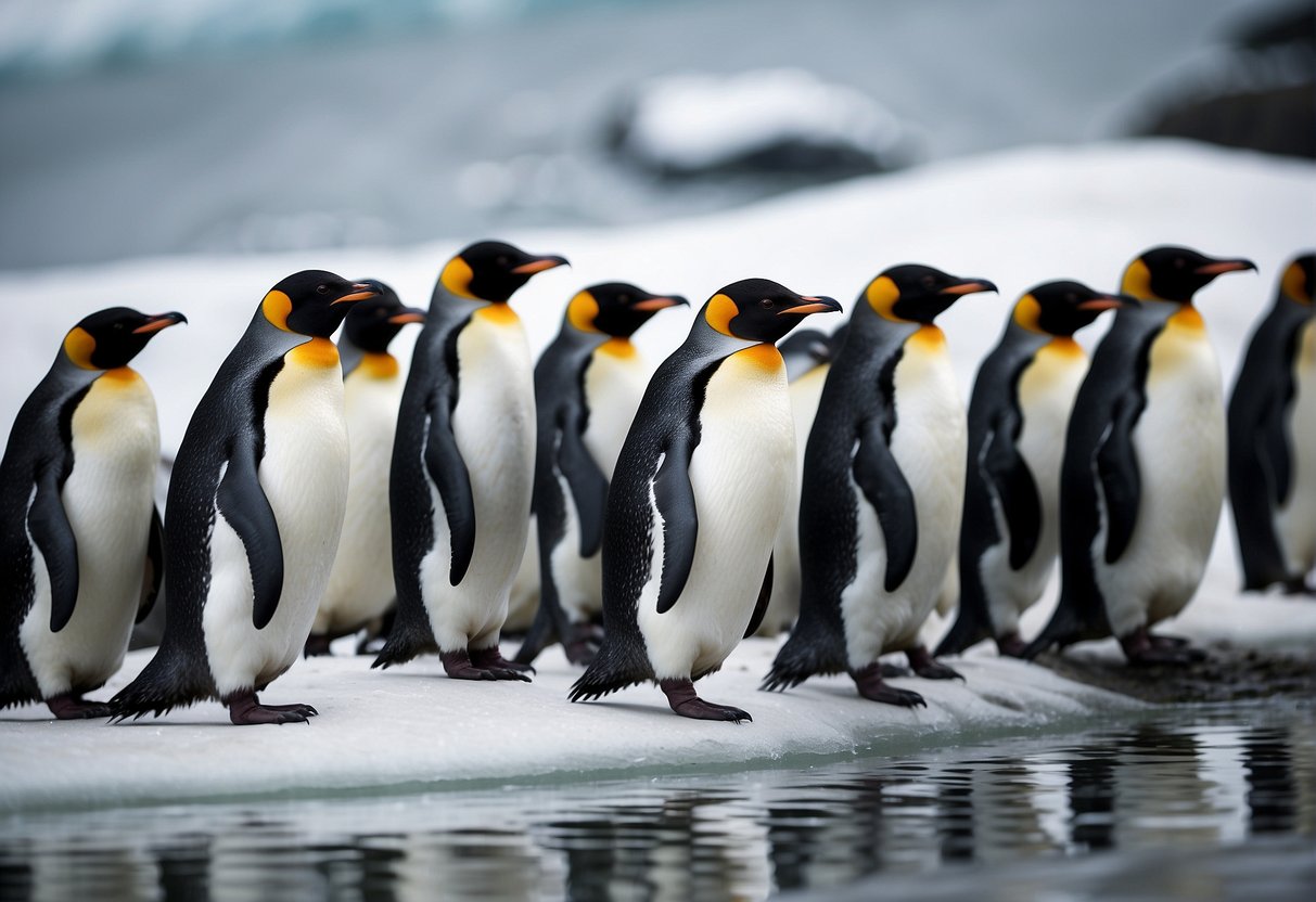 Penguins waddle on icy shores, diving into frigid waters. They huddle in groups, their black and white plumage standing out against the stark landscape