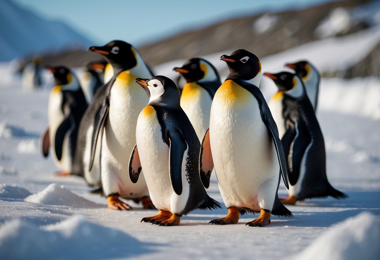 A group of penguins waddling across a snowy landscape in Alaska, with a clear blue sky in the background