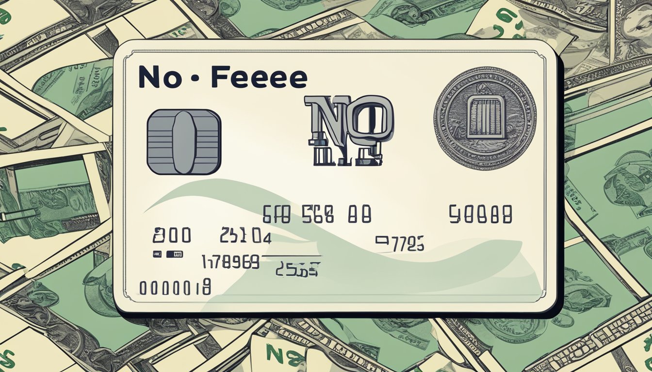 A credit card with a "no fee" sign, surrounded by dollar signs and a waiver document